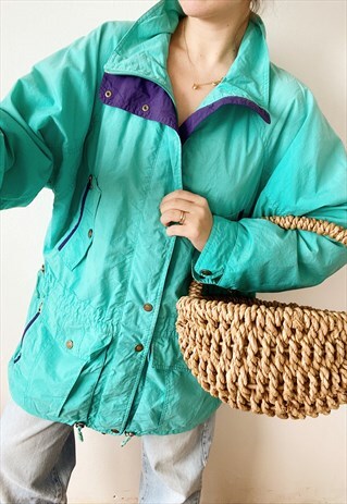 VINTAGE 80S OVERSIZED SHELL FESTIVAL TURQUOISE JACKET PARKA