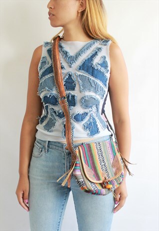 HAND WOVEN MULTI PRINT LEATHER CROSS BODY BAG
