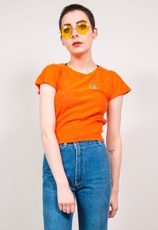VINTAGE 70'S ORANGE KNIT FLORAL EMBROIDERED SHORT SLEEVE TOP