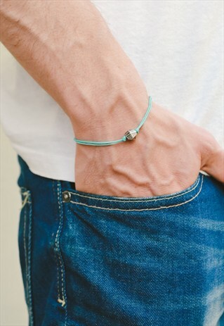 NUGGET BRACELET FOR MEN, SILVER BEAD AND TURQUOISE CORD MENS