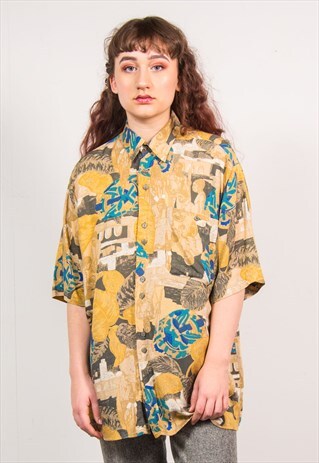VINTAGE 90'S MULTICOLOUR ABSTRACT PRINT SHORT SLEEVE SHIRT