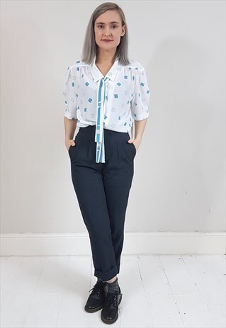 VINTAGE 80'S WHITE AND BLUE DICE BLOUSE W/ NECKTIE