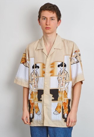VINTAGE Y2K BEIGE CRAZY PRINT SHIRT