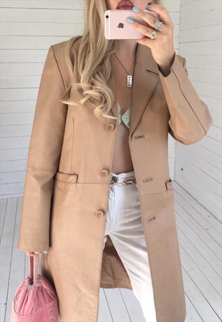 VINTAGE 1990S Y2K LONG TAN REAL LEATHER JACKET UK M