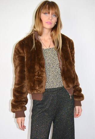 VINTAGE 90S BROWN FAUX FUR CHUNKY BOMBER JACKET