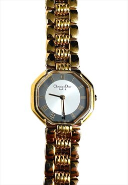 Christian Dior Watch Gold Silver Wristwatch Hexagon Vintage