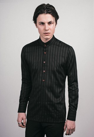 MENS BLACK ETON STRIPPED KAFTAN SHIRT