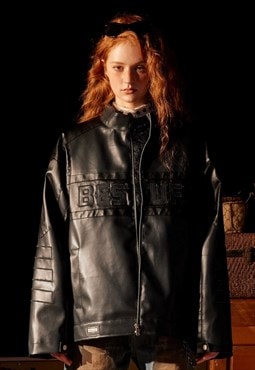 Faux leather varsity jacket padded grunge bomber racing coat