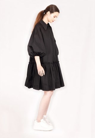 Oversized Cotton Frill Hem Dress in Black