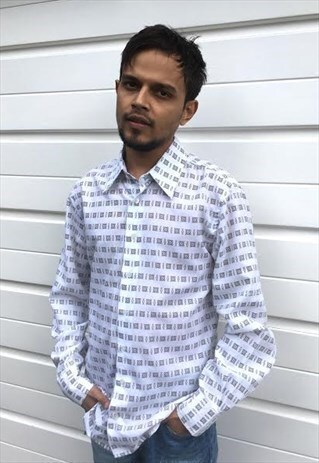 MENS VINTAGE 80S SHIRT WHITE PATTERNED LONG SLEEVE TOP