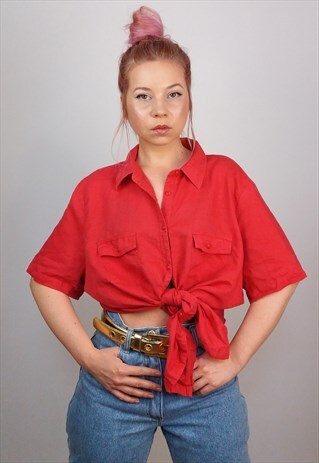 VINTAGE 90'S OVERSIZED LINEN SHIRT / BLOUSE IN RED