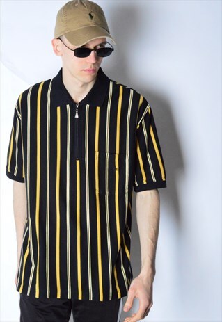 VINTAGE BLACK AND YELLOW STRIPED ZIPPER SHORT SLEEVE SHIRT
