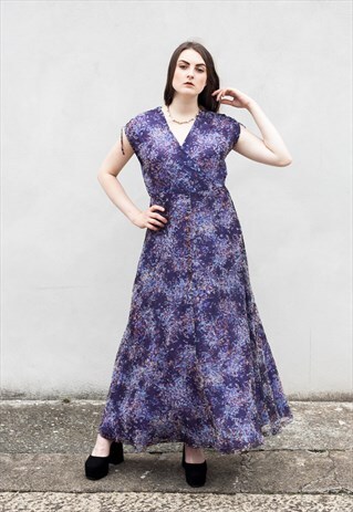 VINTAGE 70S 1970S ORIGINAL PURPLE WRAP STYLE MAXI DRESS BOHO