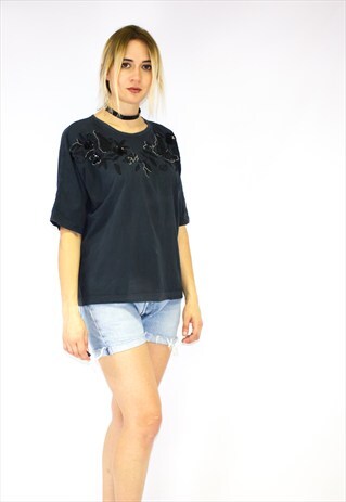 VINTAGE BLACK / GREY EMBELLISHED T-SHIRT