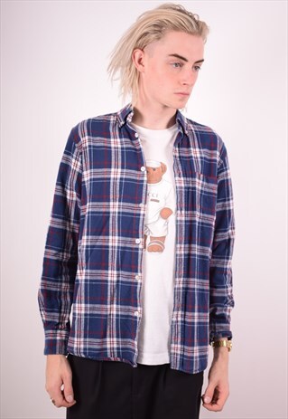 MENS VINTAGE FLANNEL SHIRT SMALL BLUE CHECK 90S