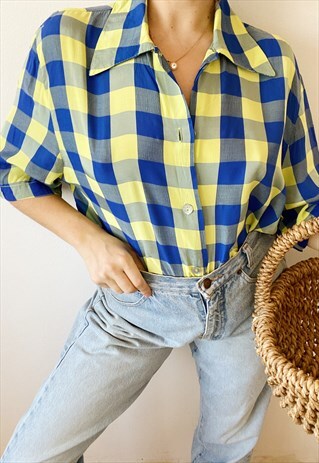 VINTAGE 80S PRAIRIE GINGHAM CHECK SHIRT BLOUSE TOP BOHEME