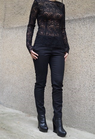 STYLISH SHIRT LACE BLOUSE SEXY TOP SEXY BLOUSE BLACK F1536