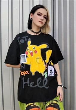 Pikachu t-shirt Pokemon patched animal drop Korean tee black