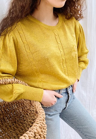 VINTAGE 80S BRONZE BOHEME FLORAL APPLIQUE KNIT JUMPER