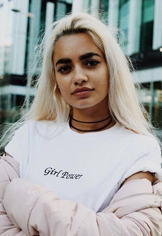 UNISEX T-SHIRT IN WHITE WITH GIRL POWER SLOGAN EMBROIDERY