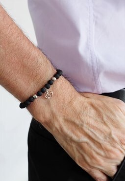Om Charm with Lava Power Bead Bracelet Men Silver