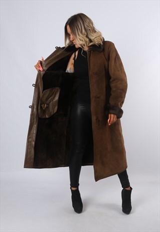 SHEEPSKIN SUEDE SHEARLING LONG COAT JACKET UK 12 (CK2O)
