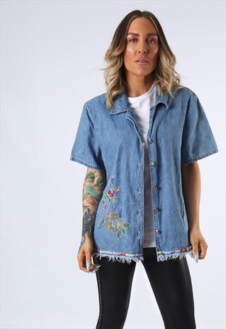 DENIM SHIRT OVERSIZED FITTED EMBROIDERED SHORT UK 18 (C5M)