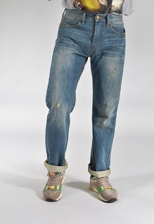 VINTAGE LEVI'S 505 DISTRESSED MID BLUE STRAIGHT LEG JEANS
