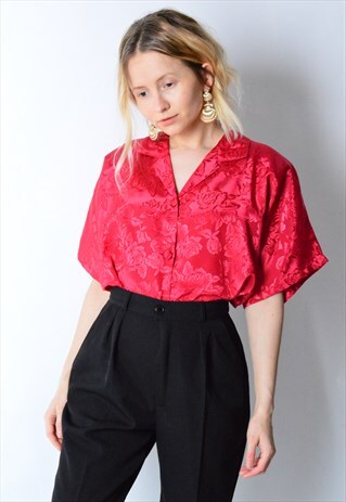 VINTAGE 90S RED ROSES THAI SILK BLOUSE