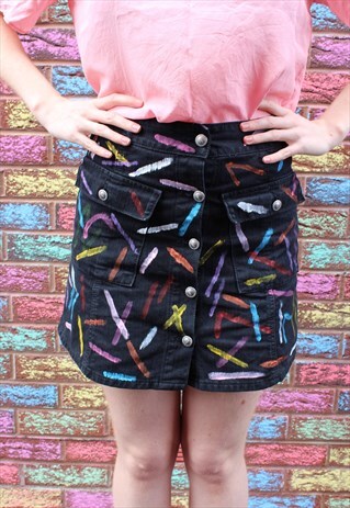 VINTAGE REWORKED HAND PAINTED BLACK DENIM FESTIVAL SKIRT