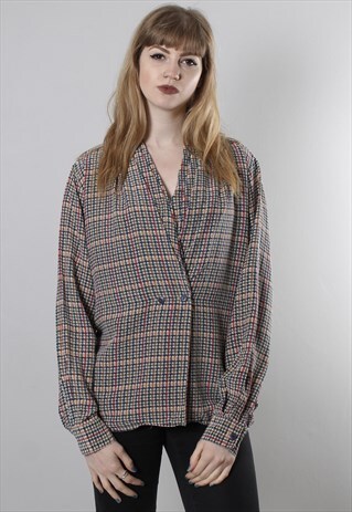 VINTAGE 80S SILK DOGTOOTH CHECK PATTERNED BLOUSE