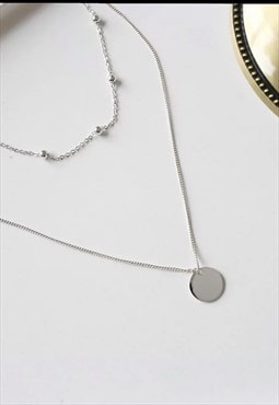 Double Silver Layer Necklace , Bobble Chain, Coin Pendant