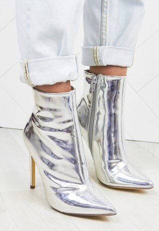 TASHA SILVER METALLIC POINTED TOE HEELED ANKLE BOOTS