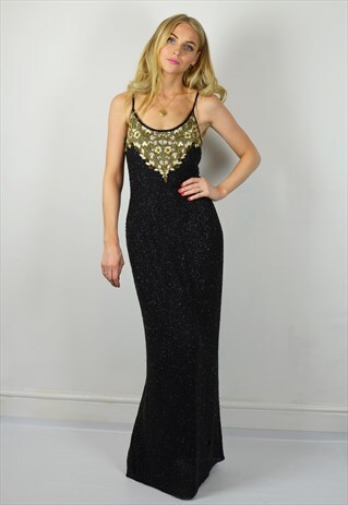 VINTAGE BLACK & GOLD BEADED GATSBY PROM / EVENING MAXI DRESS