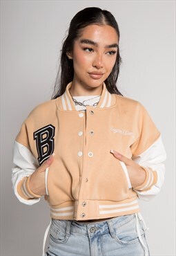 Beige Cropped Contrast Sleeve Varsity Jacket