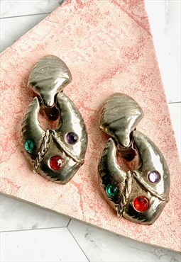 90s Silver Multicolour Rhinestone Earrings Vintage Jewellery