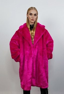 Pink faux fur long coat shaggy trench bright raver bomber