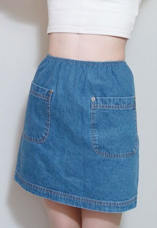 VINTAGE 1990'S CUTE DARK WASH ELASTICATED DENIM MINI SKIRT
