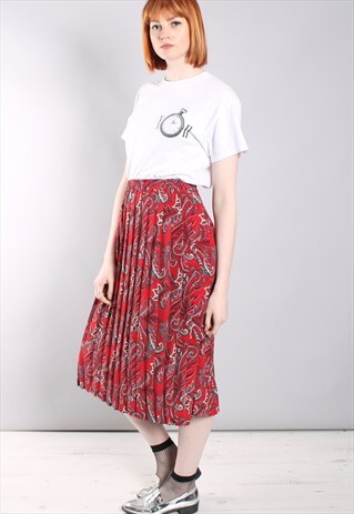 VINTAGE 80S RED PAISLEY PATTERNED PLEATED MIDI SKIRT