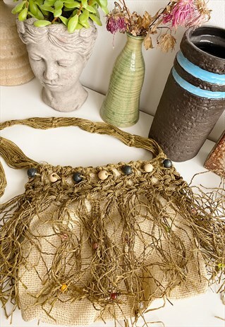 VINTAGE 90S FRINGED STRAW RAFFIA SHOULDER BEACH BAG BOHO