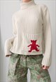 Vintage Y2K Beige Teddy Bear Roll neck Jumper