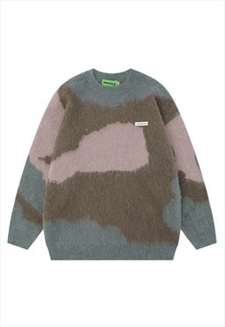 Abstract sweater knitted grunge jumper fluffy top in brown