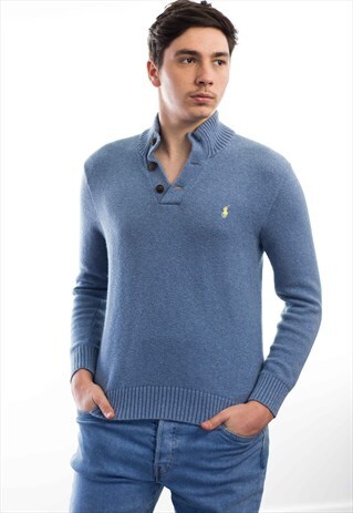 VINTAGE POLO RALPH LAUREN LOGO 1/4 BUTTON JUMPER 90S M 18.1