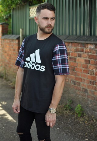 90'S GRUNGE ADIDAS REWORK T WITH VINTAGE CHECK SHIRT SLEEVES