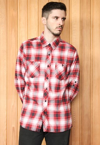 VINTAGE RED AND GREY CHECKED FLANNEL SHIRT