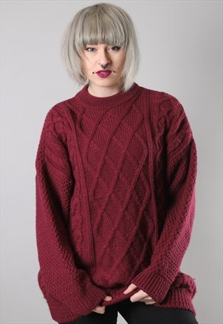 VINTAGE BAGGY FIT CABLE KNIT FISHERMANS JUMPER LARGE