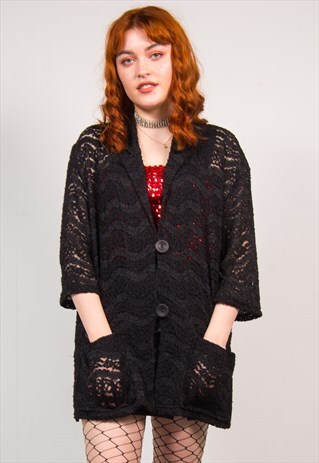 VINTAGE 90'S BLACK LACE MESH BLAZER STYLE JACKET