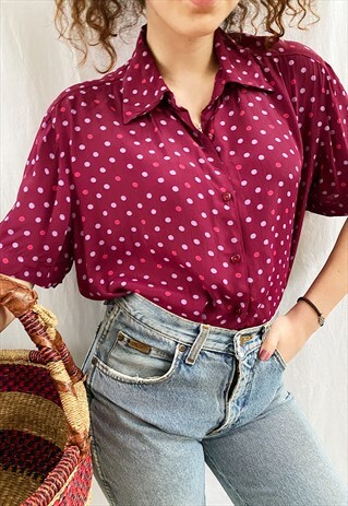 VINTAGE 80S HAUTE BOHEME POLKA DOT PRINT BLOUSE TOP