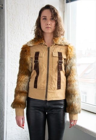 VINTAGE Y2K BROWN FAUX FUR SLEEVES JACKET