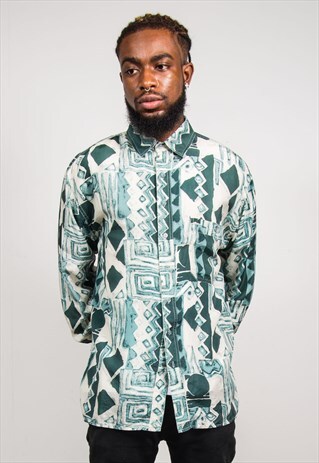 VINTAGE 90'S GREEN ABSTRACT PATTERN LONG SLEEVE SILK SHIRT